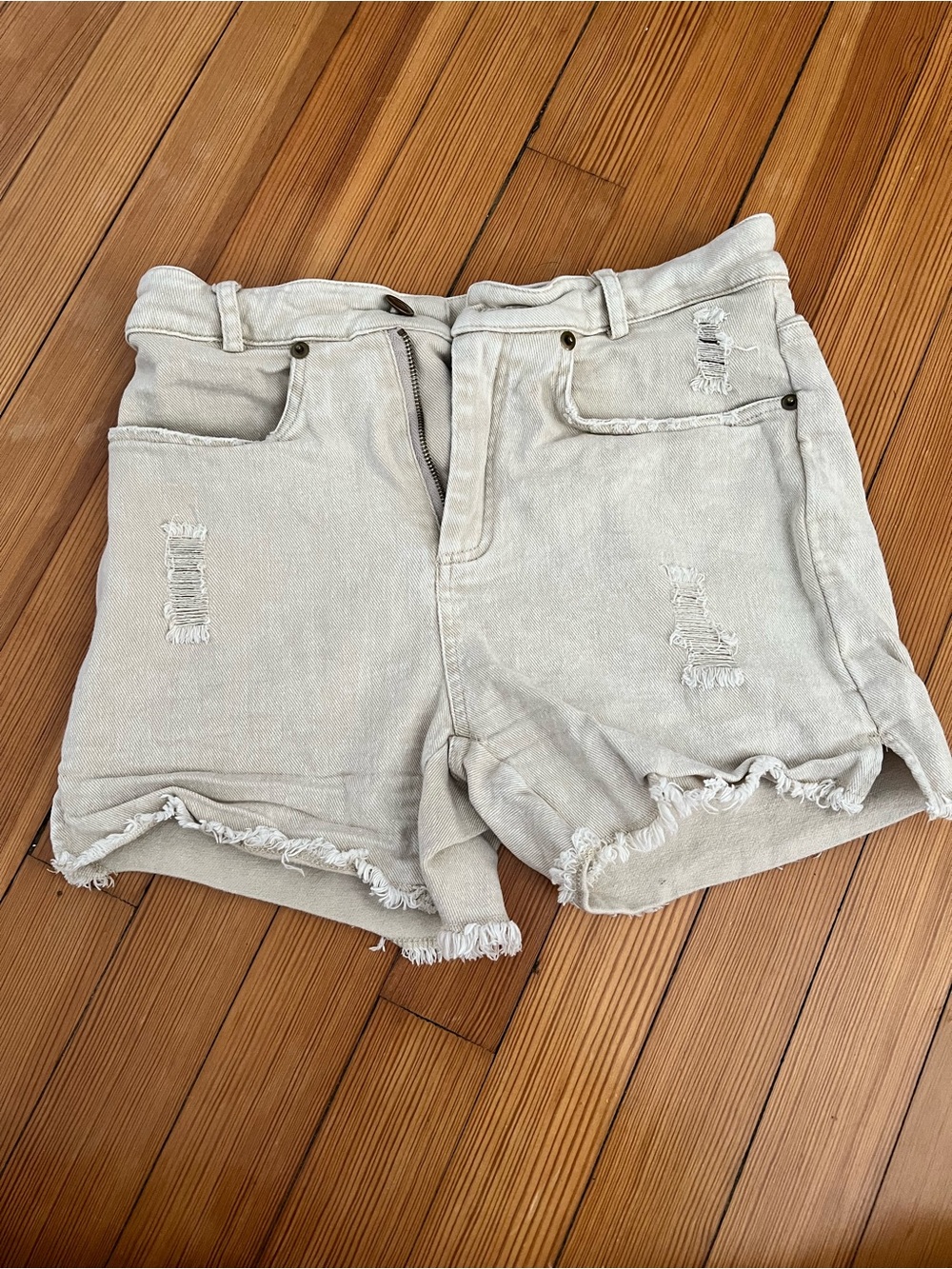 LA MIEL Light Beige Distressed Denim Shorts